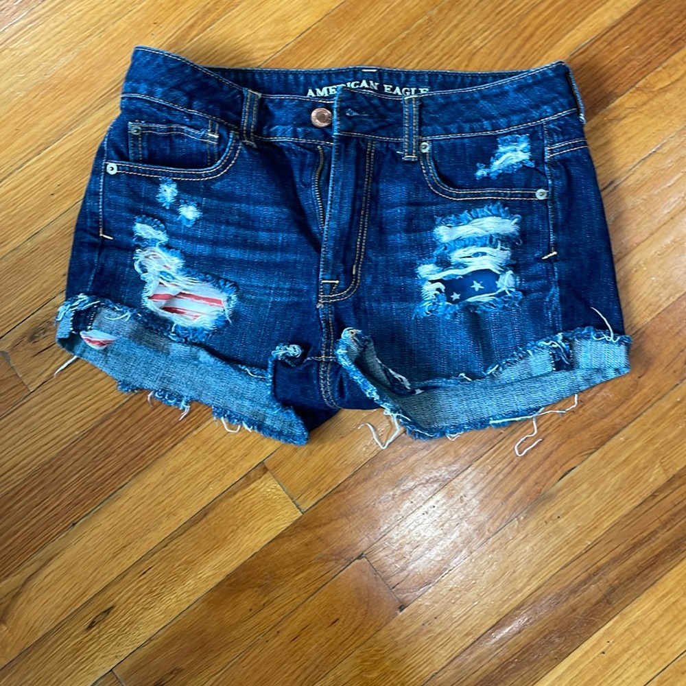 Distressed denim shorts